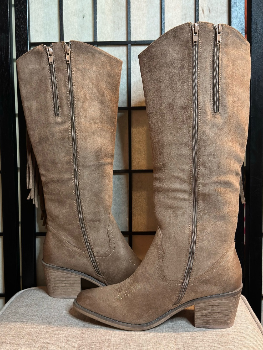 PIERRE DUMAS Suede Fringe Knee-High Cowgirl Boots - Taupe - Picture 3 of 6